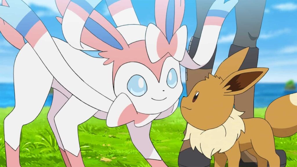 Sylveon y Eevee en el anime de Pokémon