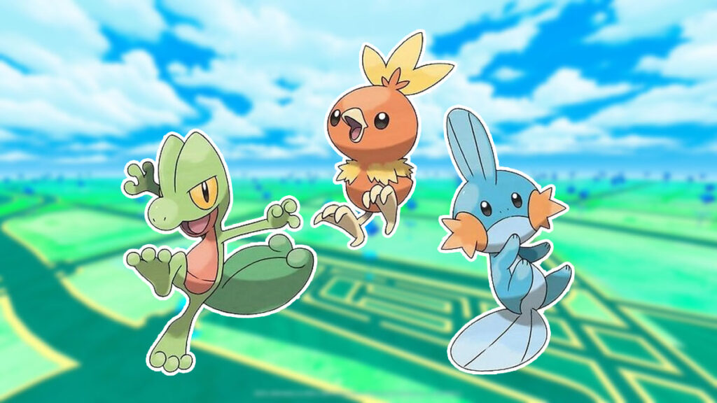 Treecko, Torchic y Mudkip en un fondo de Pokémon Go