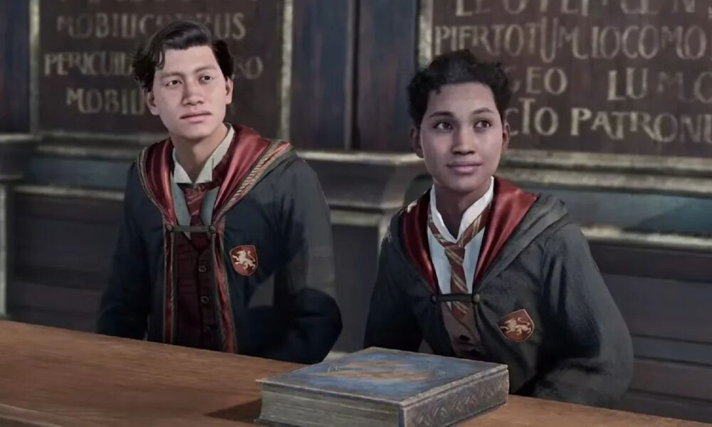 Two Hogwarts Legacy characters sitting next to each other