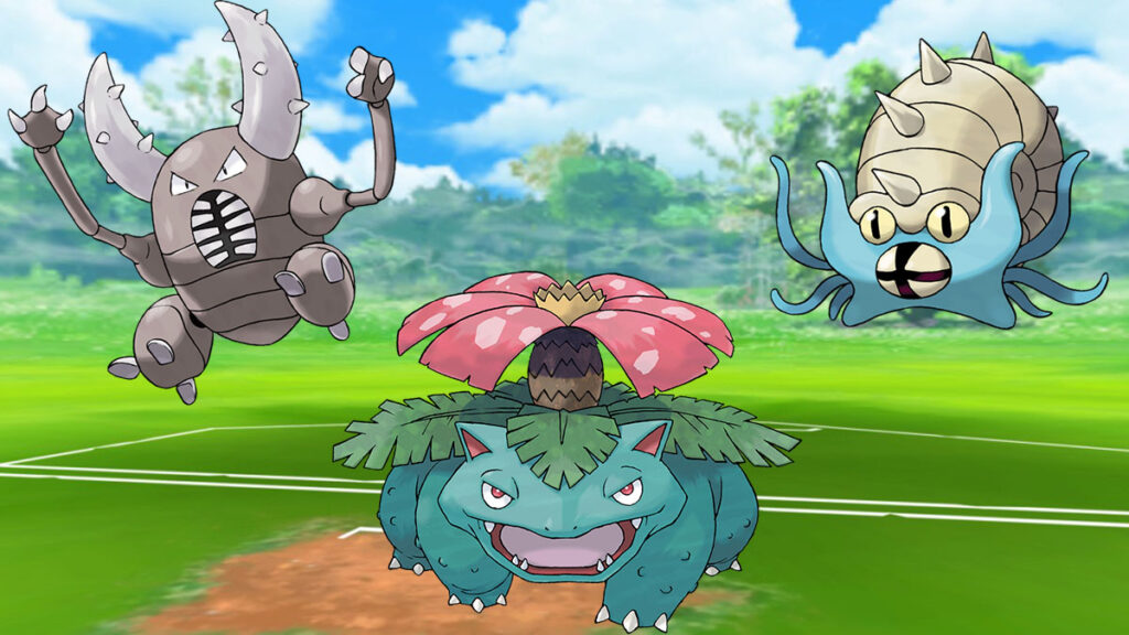 Pinsir, Venusaur y Omastar en un campo de batalla de Pokémon Go