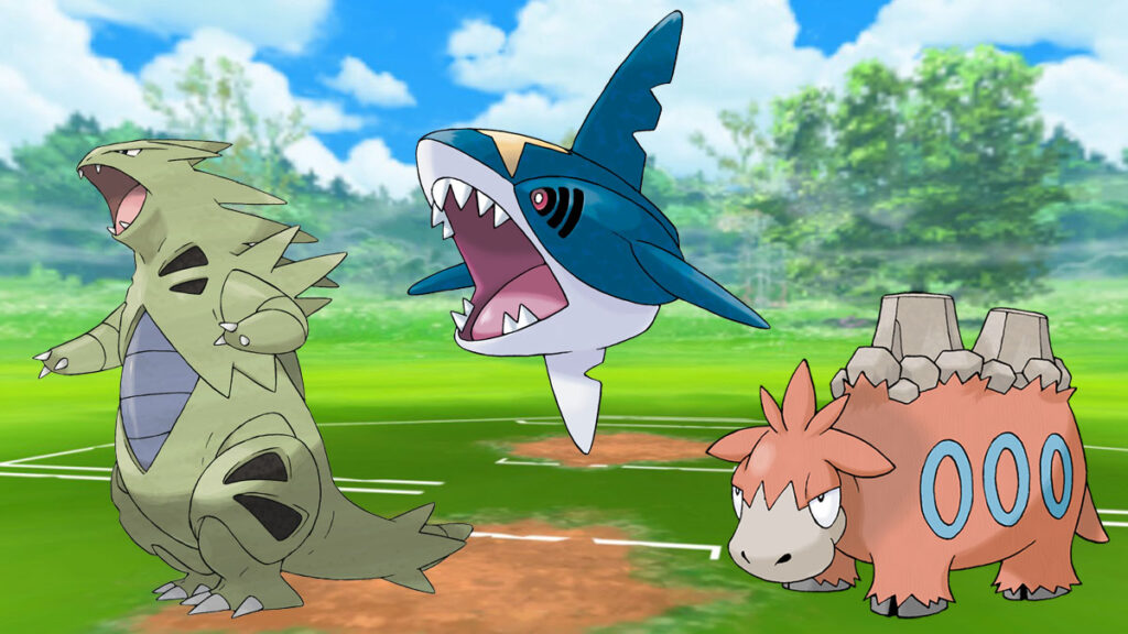 Tyranitar, Sharpedo y Camerupt en un campo de batalla de Pokémon Go