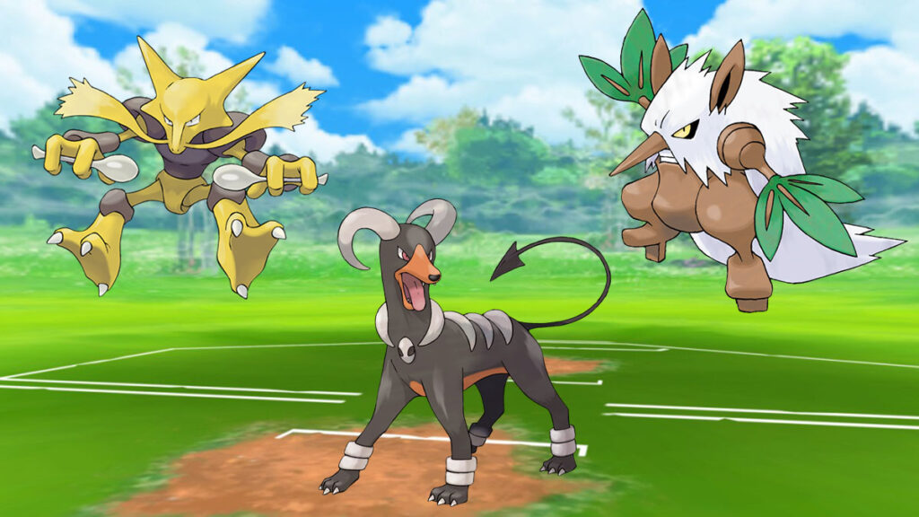 Alakazam, Houndoom y Shiftry en un campo de batalla de Pokémon Go