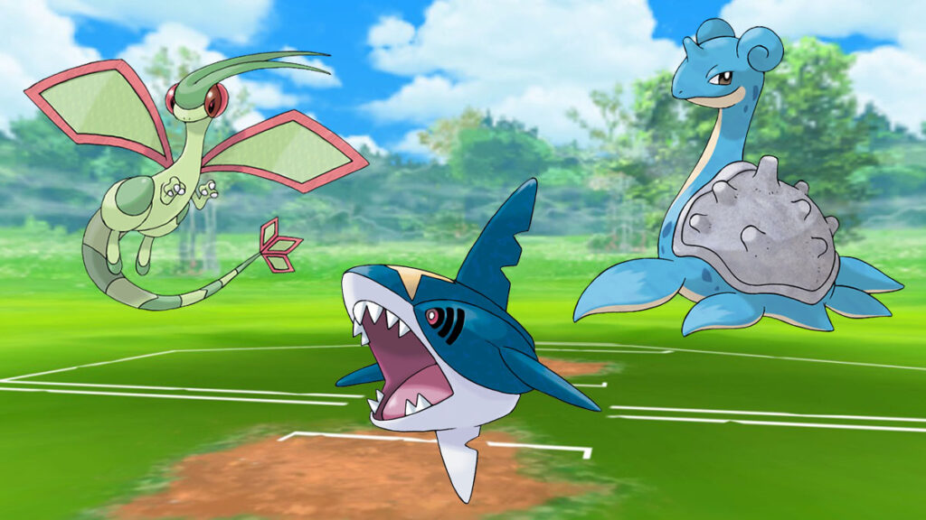 Flygon, Sharpedo y Lapras en un campo de batalla de Pokémon Go