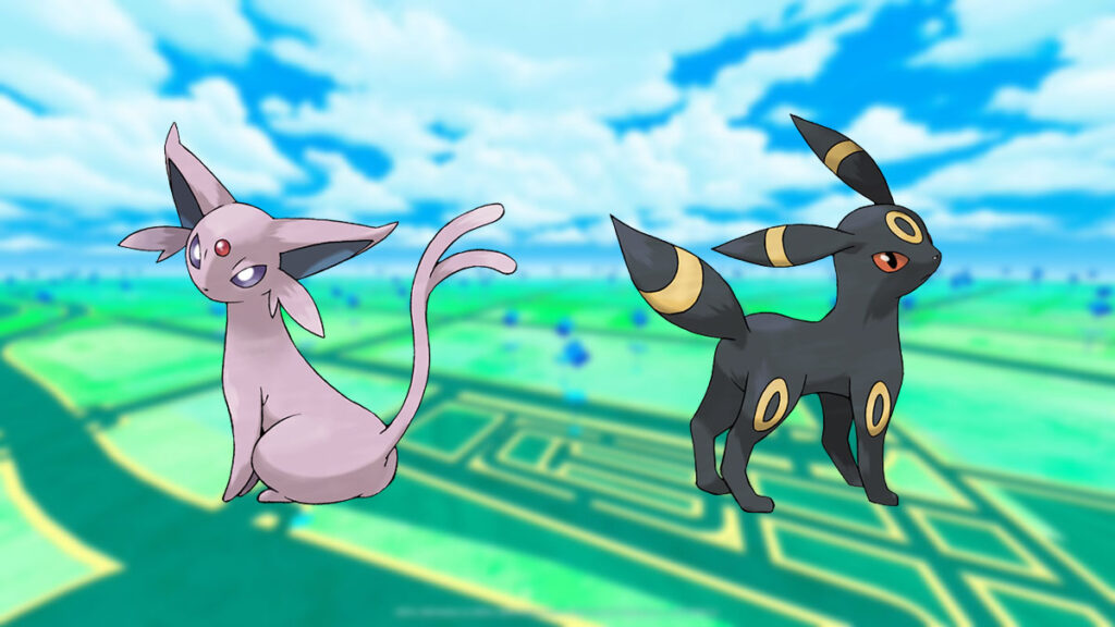 Espeon y Umbreon en un fondo de Pokémon Go