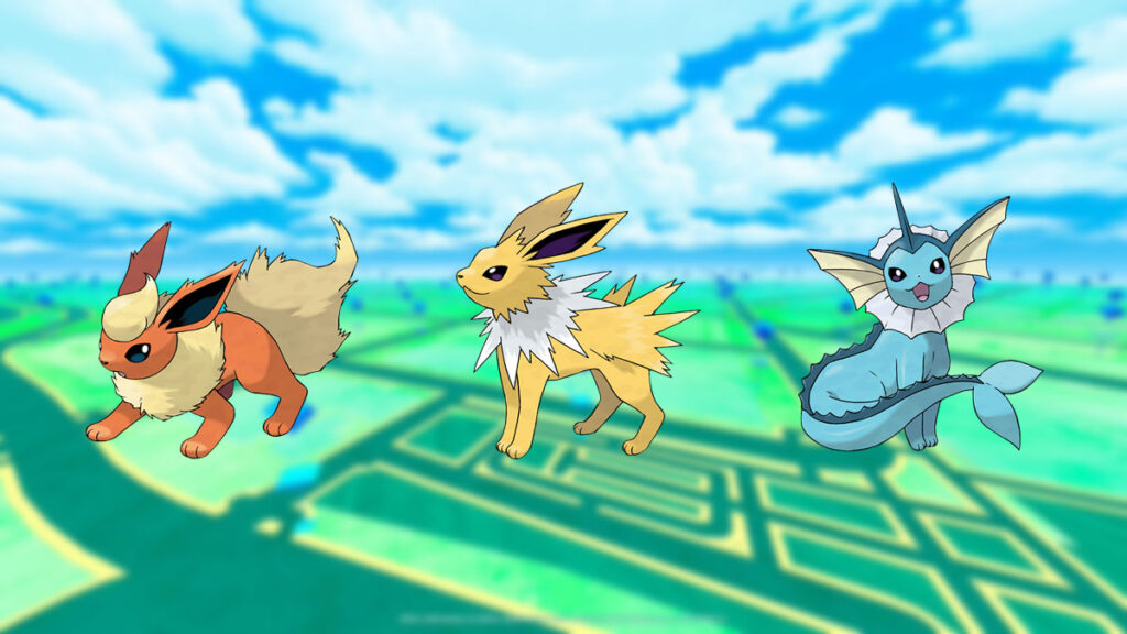 Flareon, Jolteon y Vaporeon en un fondo de Pokémon Go