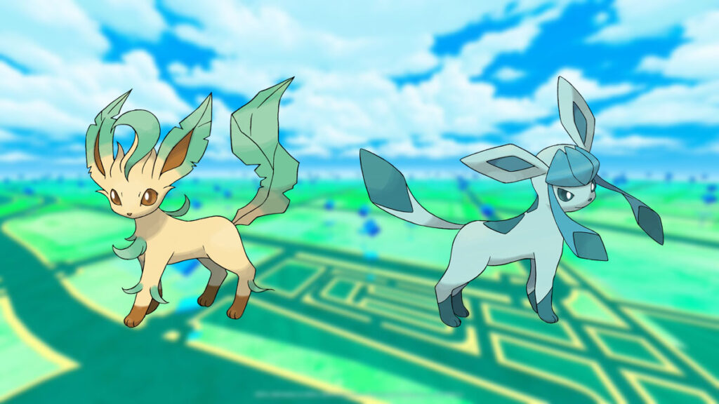 Leafeon y Glaceon en un fondo de Pokémon Go