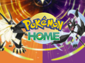 Pokemon Home logo with a Pokemon Ultra Sun and Ultra Moon background