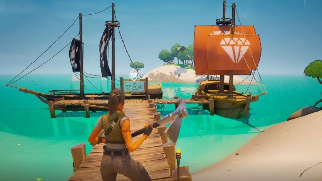 Jugador de Fortnite mirando un barco en Pirate Adventure