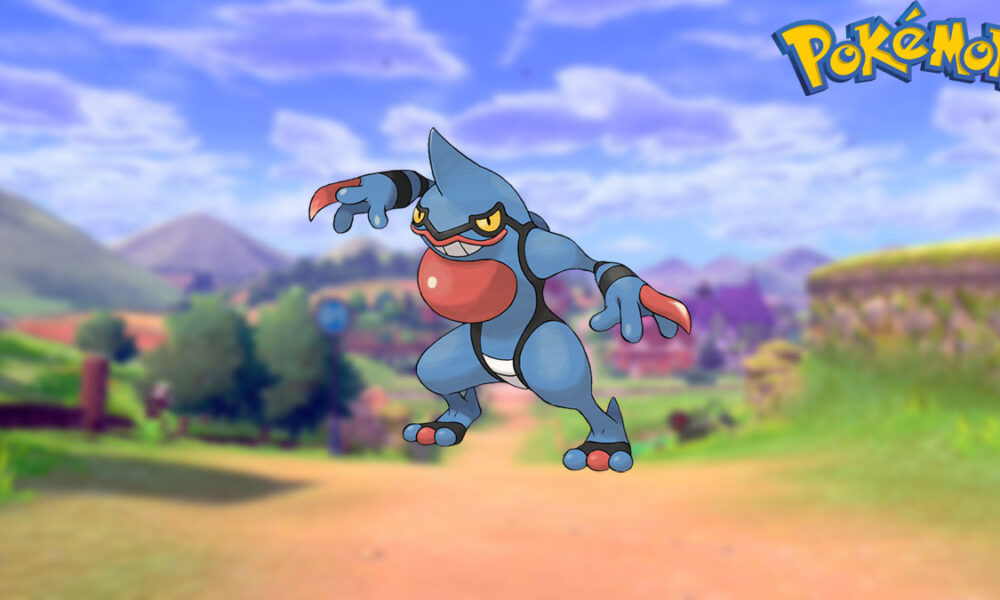 Toxicroak in a Pokemon Sword and Shield background