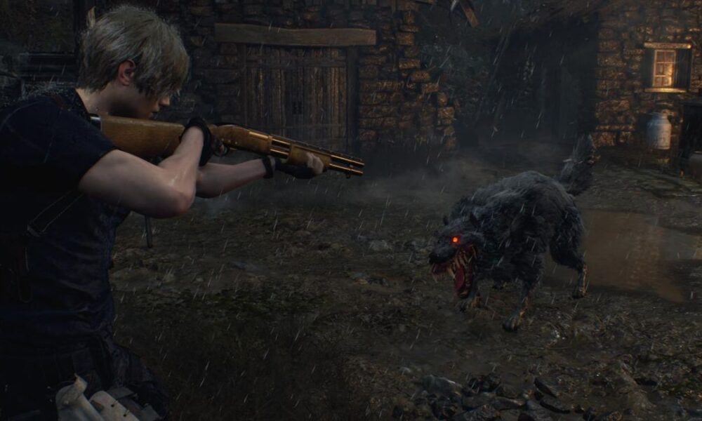 leon fighting the savage mutt in resident evil 4 remake