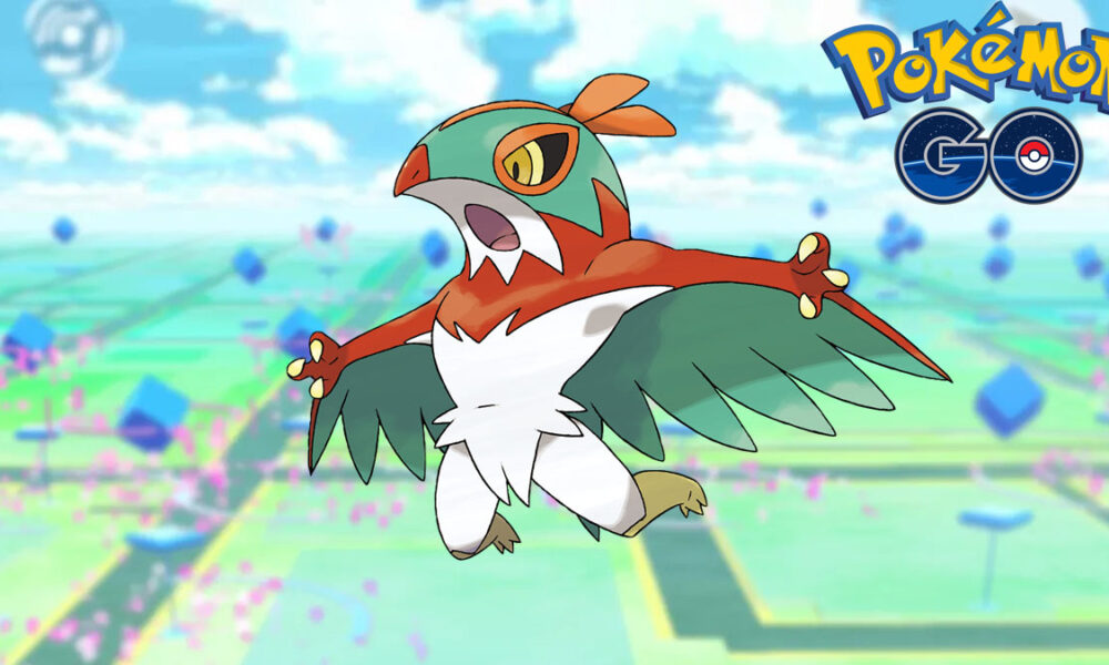 Hawlucha in a Pokemon Go background with logo