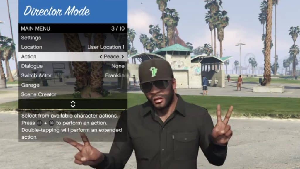 Personaje de GTA realizando la acción rápida de paz.