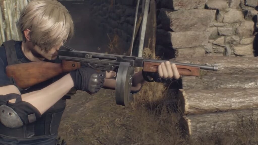 Leon sosteniendo el Chicago Sweeper en RE4 Remake