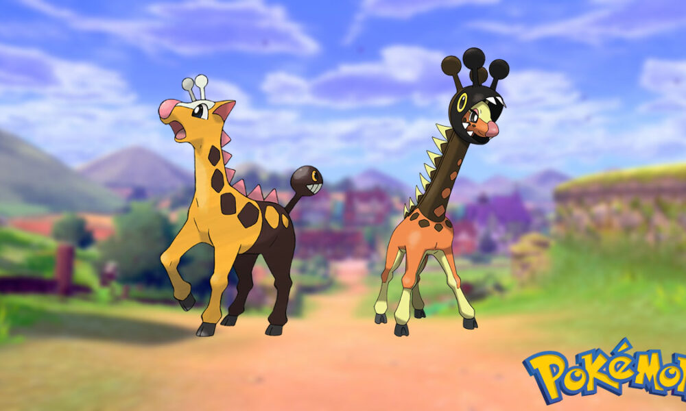 Girafarig and Girafarig in a Pokemon Sword and Shield background