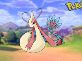 Milotic in a Pokemon Sword and Shield background