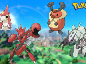 Four Bug-type Pokemon in a Scarlet and Violet background