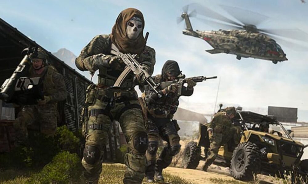 modern warfare 2 operators running with helicopter and vehicle in the background