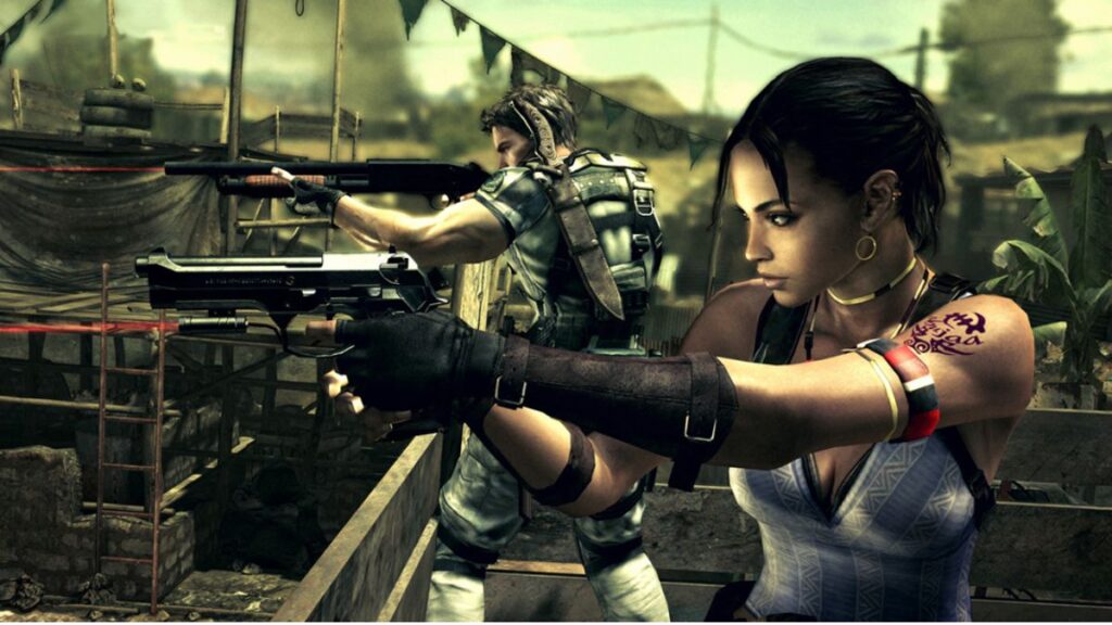 sheva y chris apuntando hacia abajo con pistolas en resident evil 5