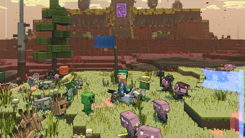 Mundo abierto de Minecraft Legends con héroes y mobs