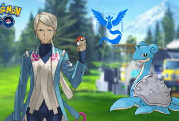 Blanche and Lapras in a Pokemon Go Research background