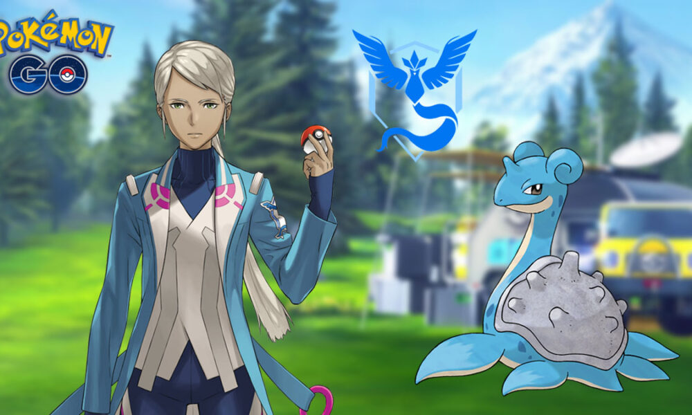 Blanche and Lapras in a Pokemon Go Research background