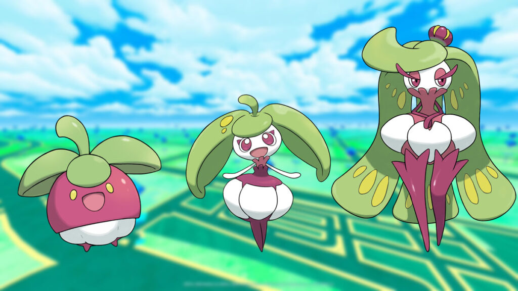 Bounsweet, Steenee y Tsareena en un fondo de Pokémon Go