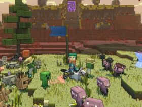 Minecraft Legends character surrounded by mobs