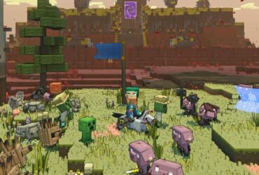 Minecraft Legends character surrounded by mobs