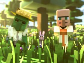 Villager and creeper standing together in Minecraft Legends