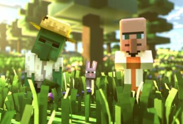 Villager and creeper standing together in Minecraft Legends