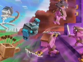 Battle between Minecraft Legends mobs and piglins