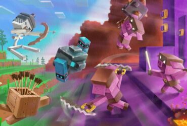 Battle between Minecraft Legends mobs and piglins