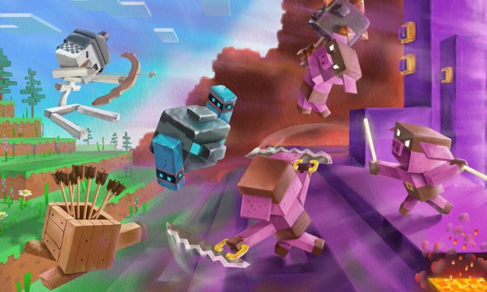 Battle between Minecraft Legends mobs and piglins