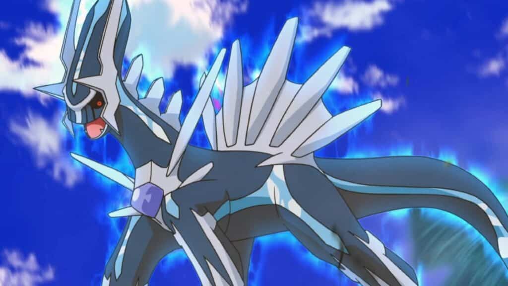 Dialga lista para atacar en el anime de Pokémon