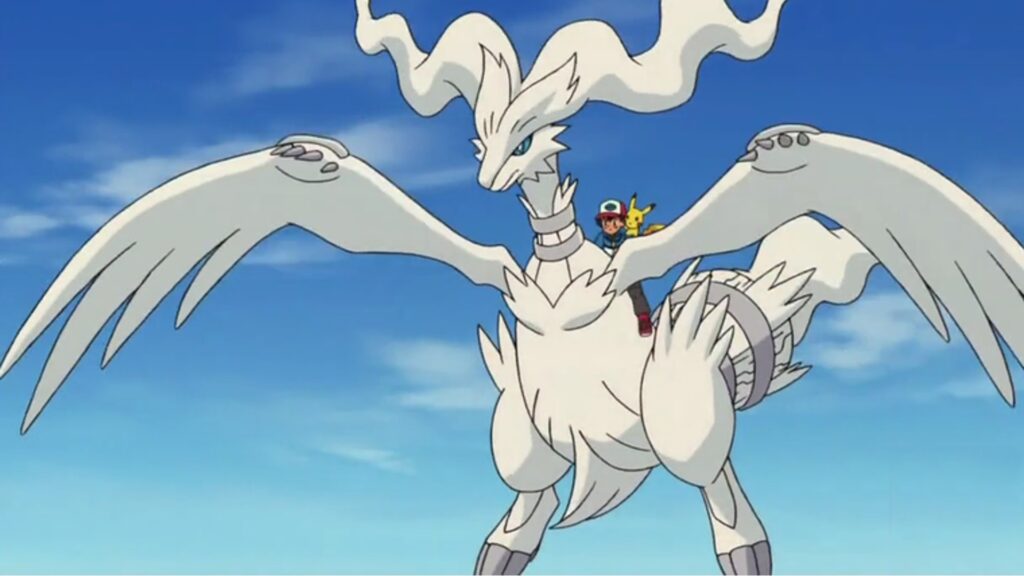 Ash volando en un Reshiram en el anime Pokémon