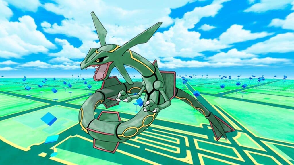 Rayquaza sobre un fondo de Pokémon Go