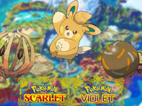 Pawmo, Rellor, and Bramblin in a Pokemon Scarlet and Violet background