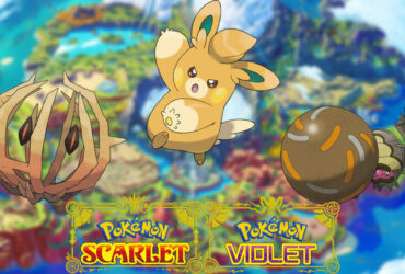 Pawmo, Rellor, and Bramblin in a Pokemon Scarlet and Violet background