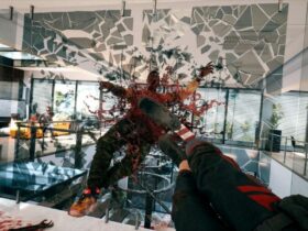 Dead Island 2 kicking zombie through glass