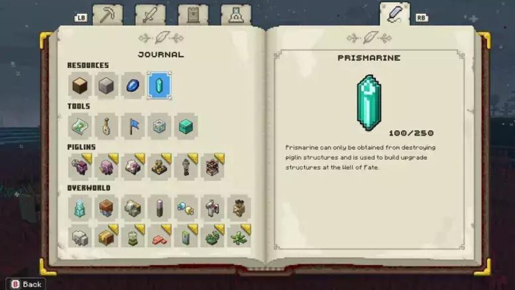 Prismarine en un diario de Minecraft Legends