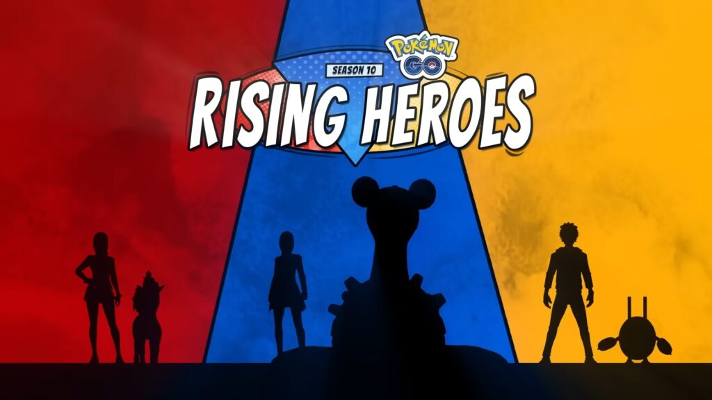 Póster de Pokémon Go Rising Heroes con entrenadores y siluetas de Pokémon