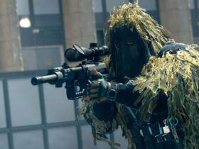 Warzone 2 character with Intervention sniper rifle and ghillie suit