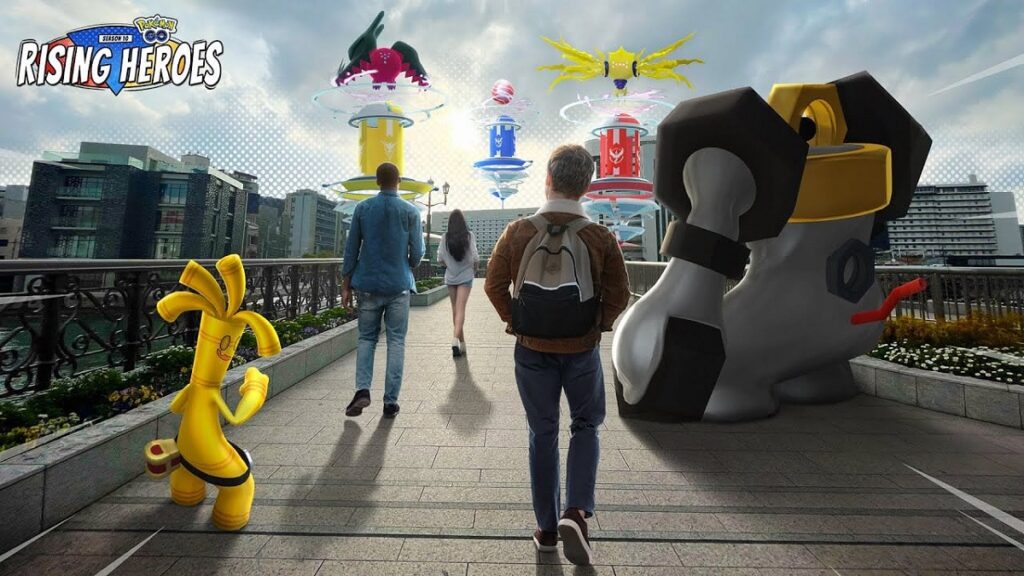 Gholdengo.  Melmetal y entrenadores en un póster de Pokémon Go