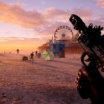 dead island player holding an uzi on the beach