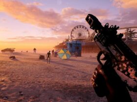 dead island player holding an uzi on the beach