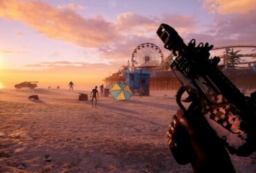 dead island player holding an uzi on the beach