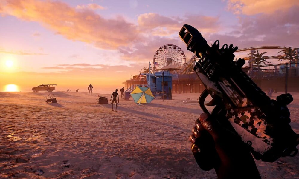 dead island player holding an uzi on the beach