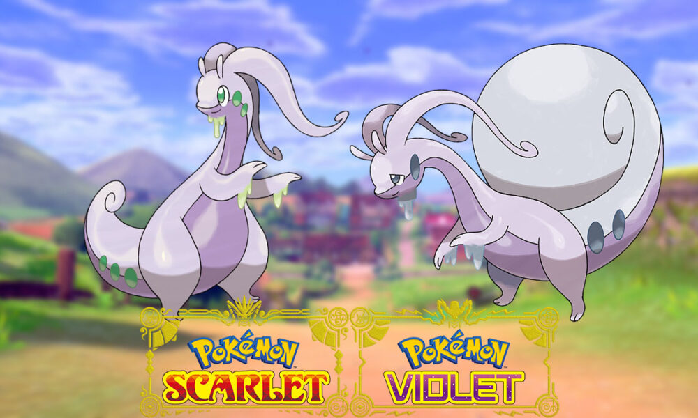 Goodra and Hisuian Goodra in a Pokemon Sword and Shield background