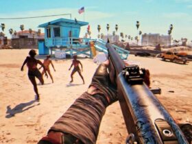 dead island 2 character holding a shotgun to zombies