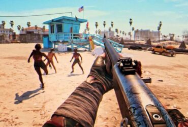 dead island 2 character holding a shotgun to zombies